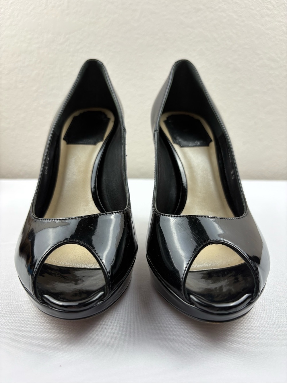 Christian Dior women’s black Miss Dior peep-toe pumps in patent leather